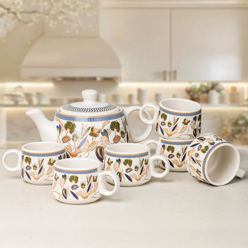 Bronze Petals Ceramic Tea Set With 6 Cups Kettle